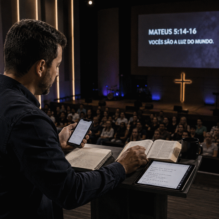 Pregador no púlpito segurando celular enquanto consulta bíblia, caderno e tablet ao mesmo tempo