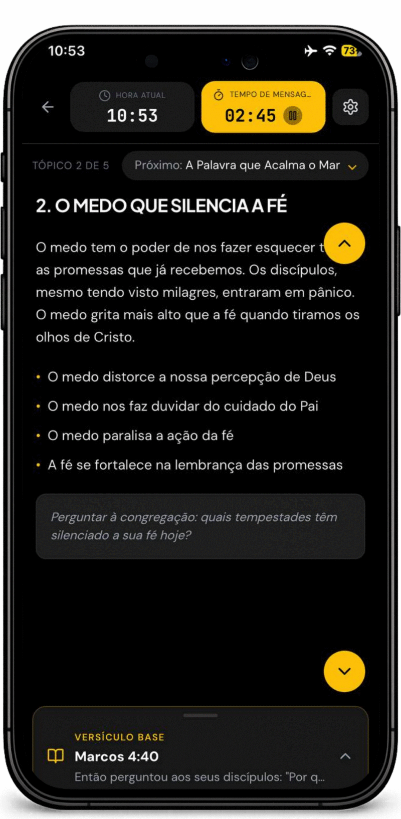 Cronômetro de pregação amarelo ao passar da metade do tempo