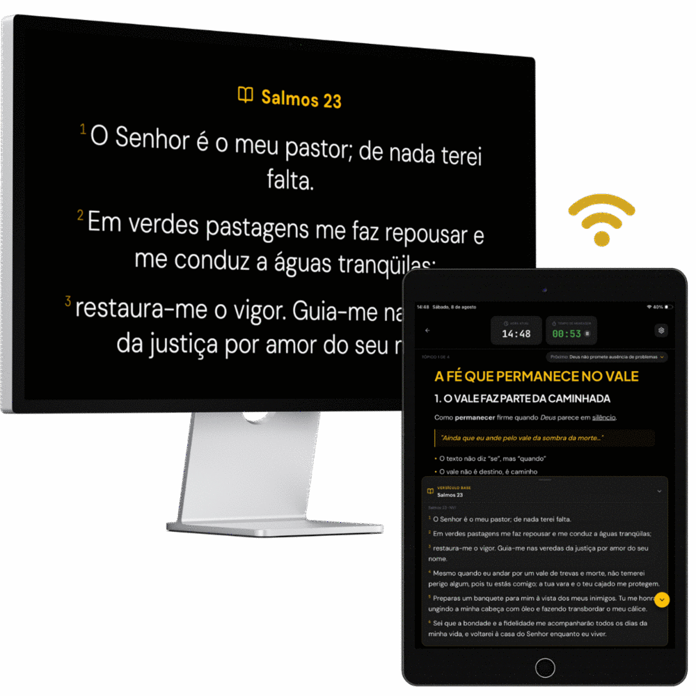Versículo em destaque no telão e bíblia sobreposta no IDE APP